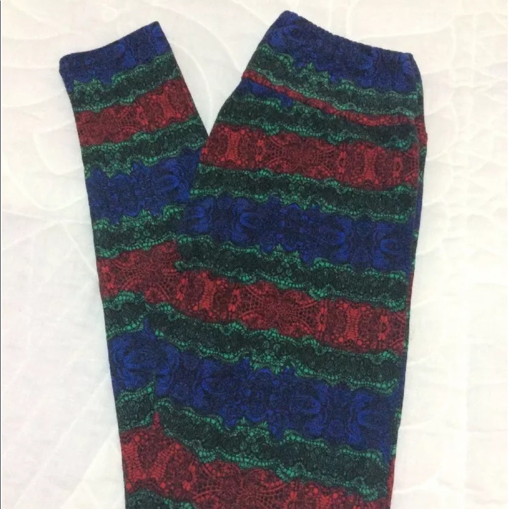 LuLaRoe OS Leggings Lace Stripes NWOT Blue Red
